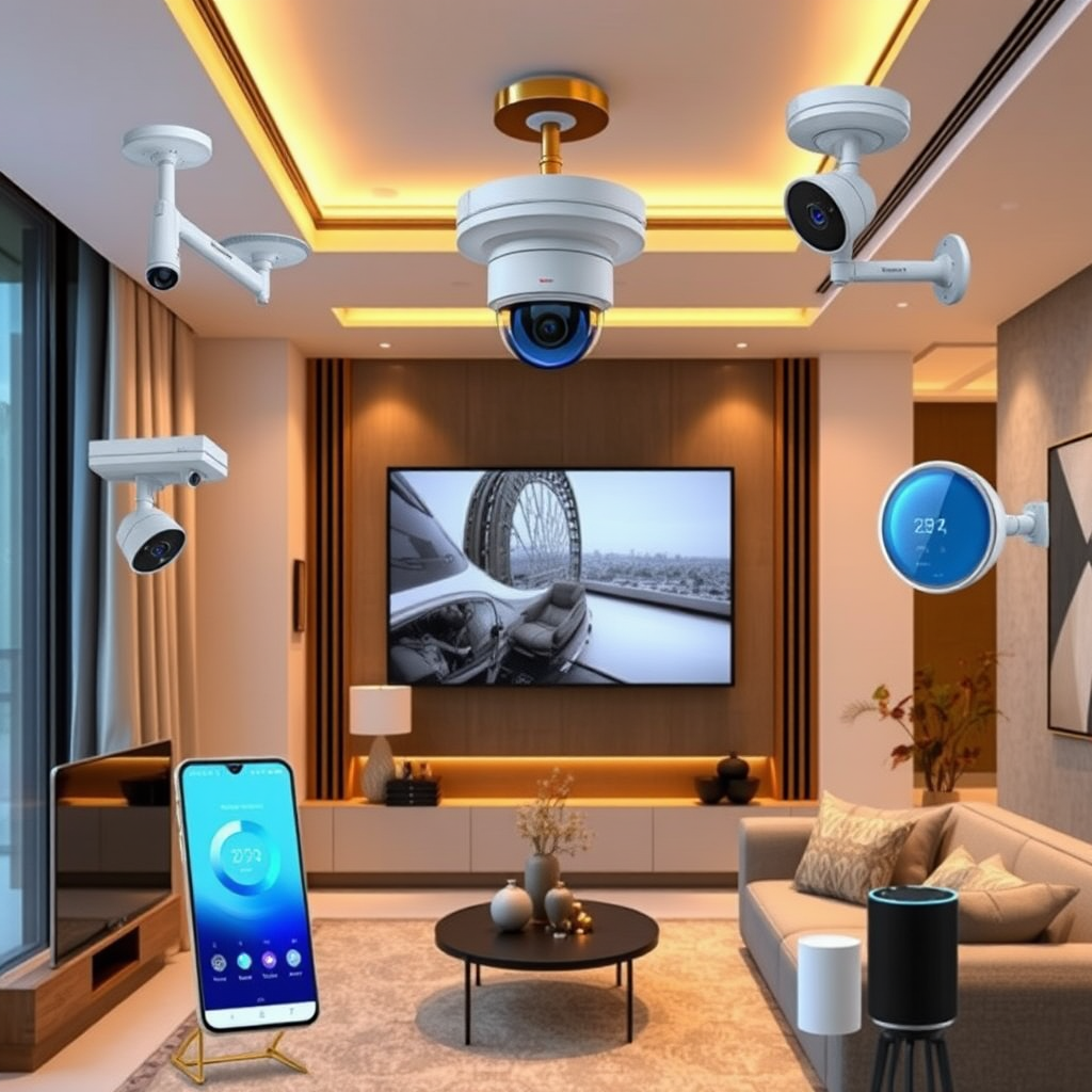 Modern smart home setup showing automated lighting systems, security cameras, and voice-controlled assistants in a contemporary UAE home interior with sleek design and high-tech gadgets