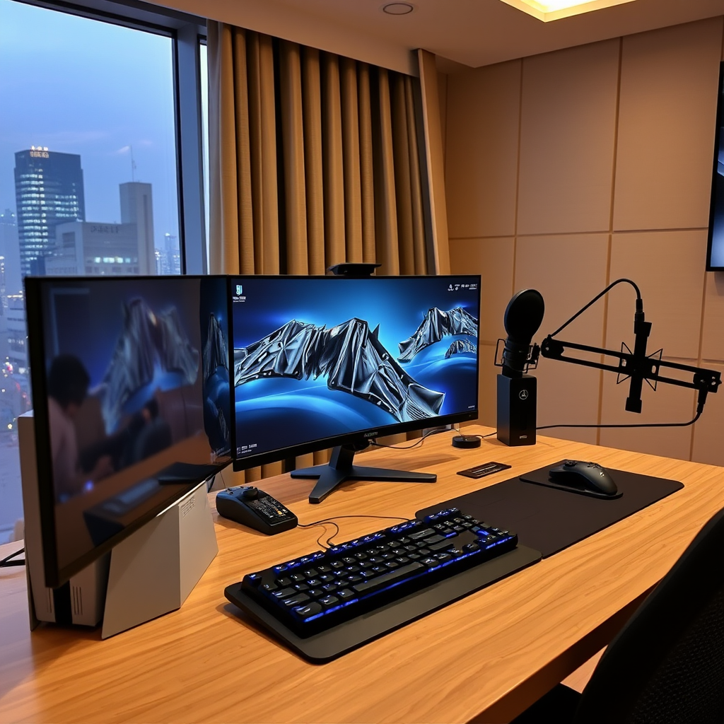 Modern gaming setup with next-generation console, high-refresh monitor, gaming keyboard, and professional microphone in a sleek Dubai apartment