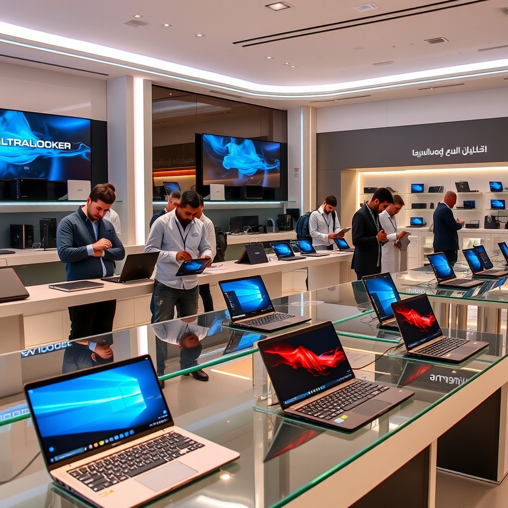 Modern laptops displayed in a sleek Dubai tech store with professionals examining ultrabooks and gaming computers on glass display tables