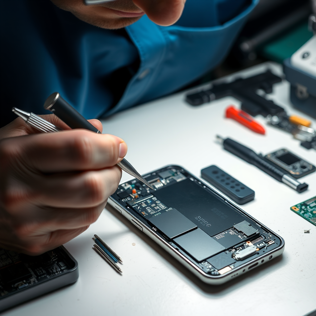 Professional technician repairing a smartphone with precision tools, circuit boards and electronic components visible on a clean workbench