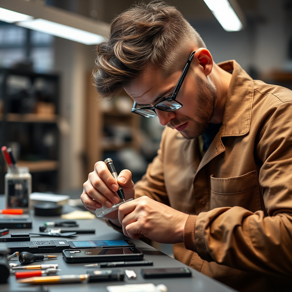 Professional technician repairing smartphone with precision tools in modern repair workshop