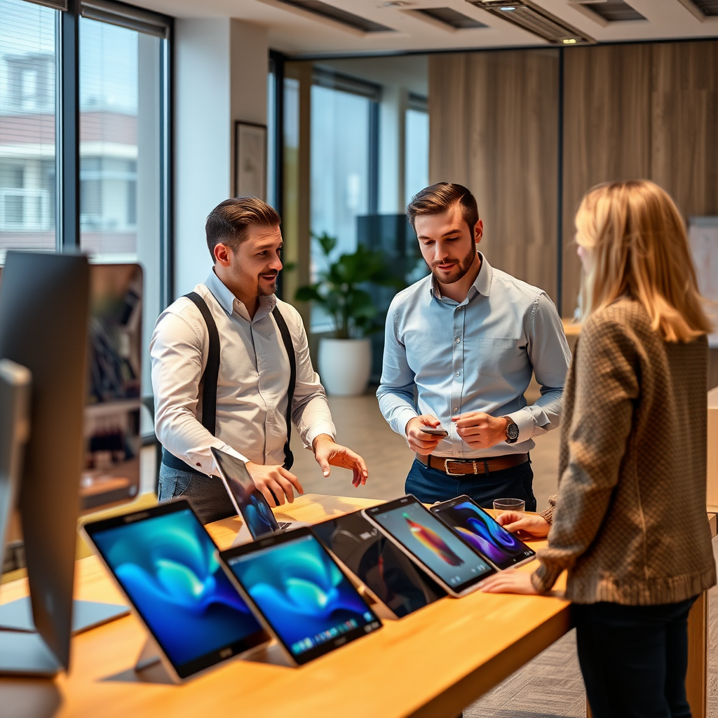 Professional tech consultant in modern office helping customer choose between different computers and tablets on display table