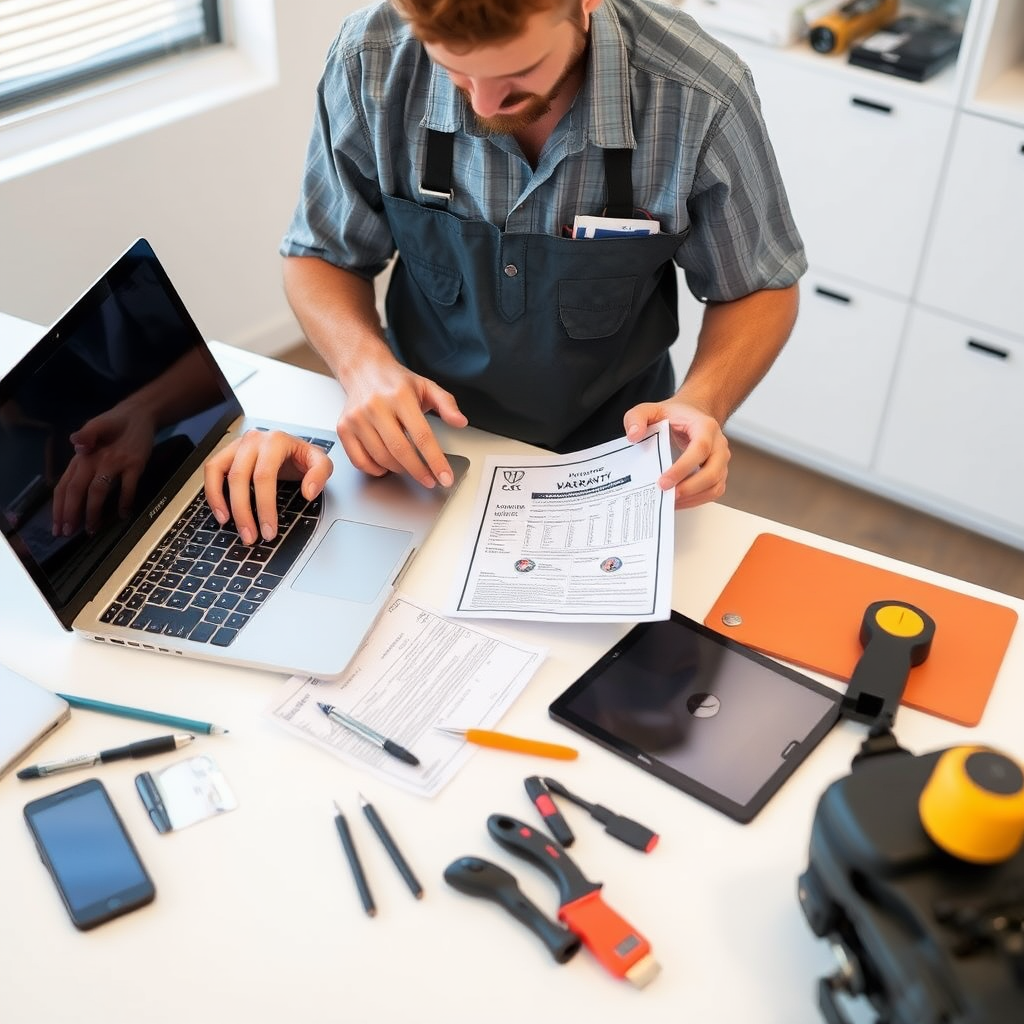 Professional technician examining a laptop with warranty documentation and tools on a clean white desk, representing comprehensive extended warranty coverage for computers and tablets