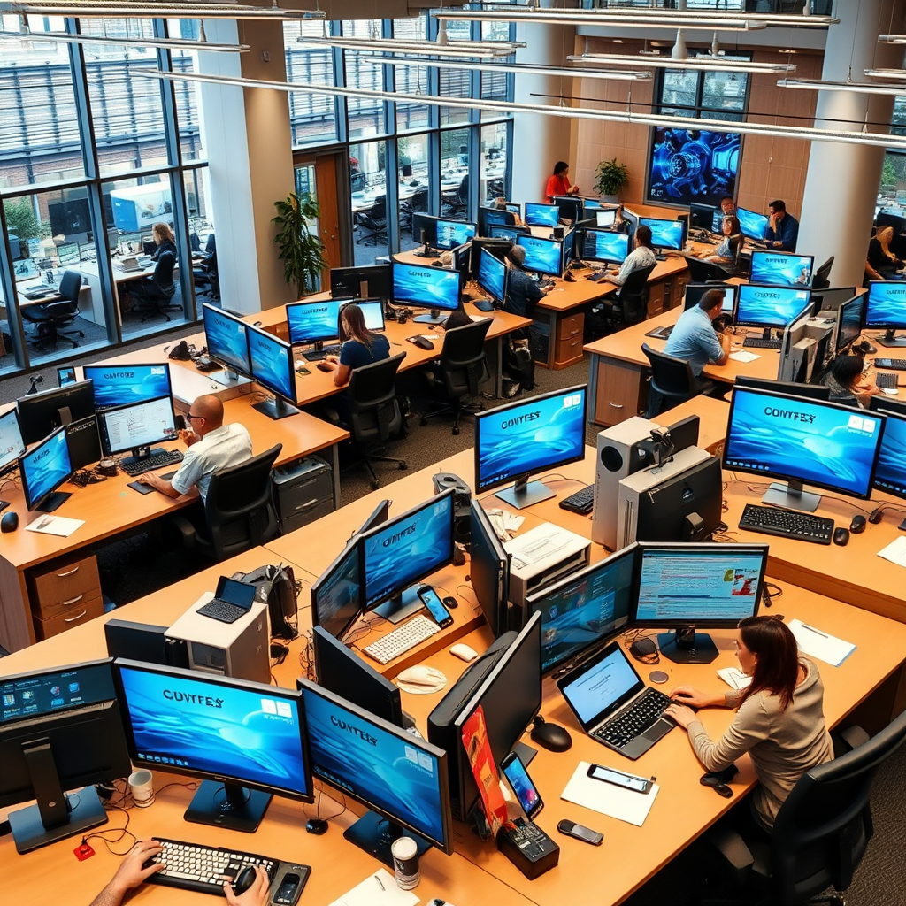 Modern corporate office with multiple computers, tablets, and technology devices arranged on desks with employees working collaboratively