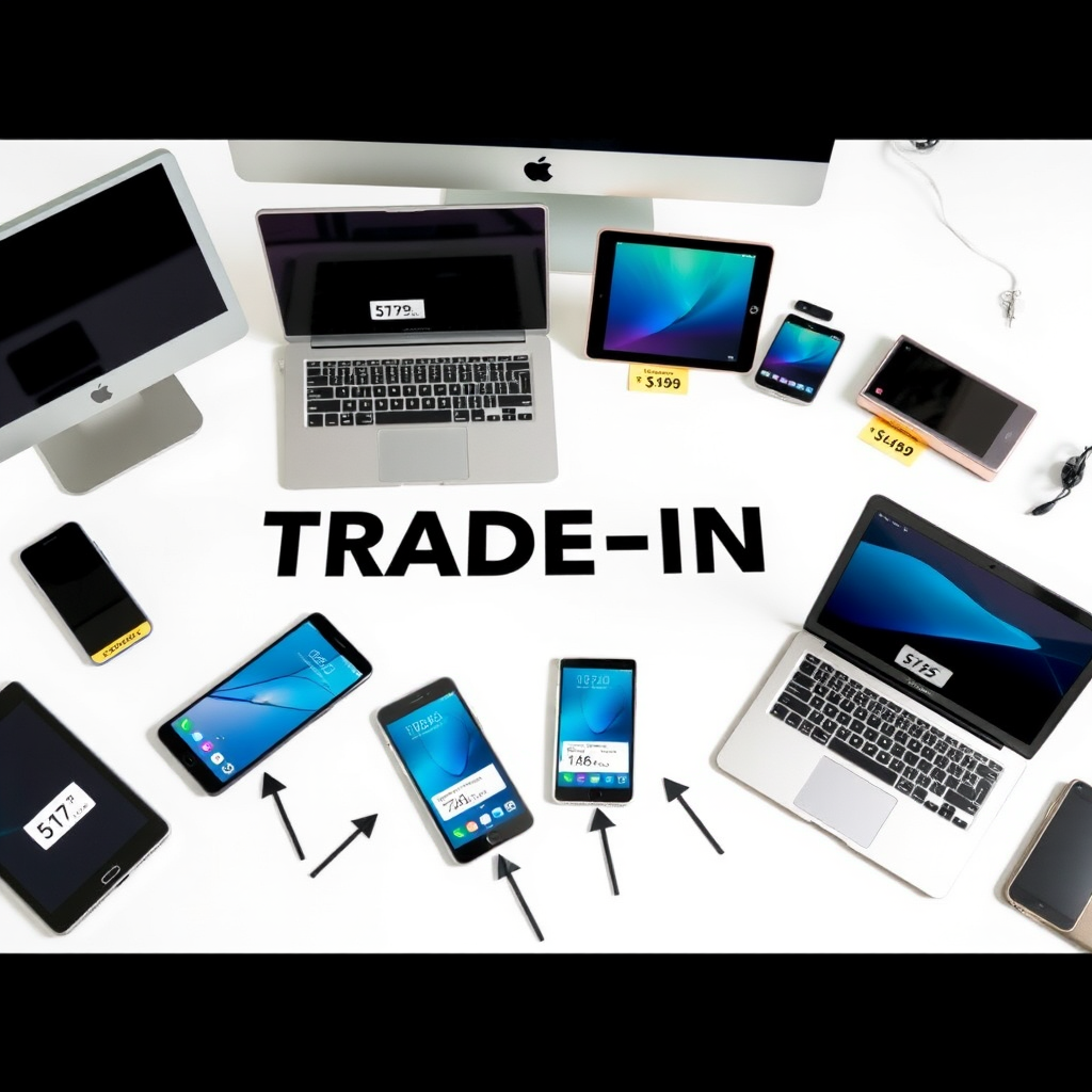 Modern trade-in program showing various electronic devices including smartphones, tablets, laptops and computers arranged on a clean white surface with price tags and upgrade arrows