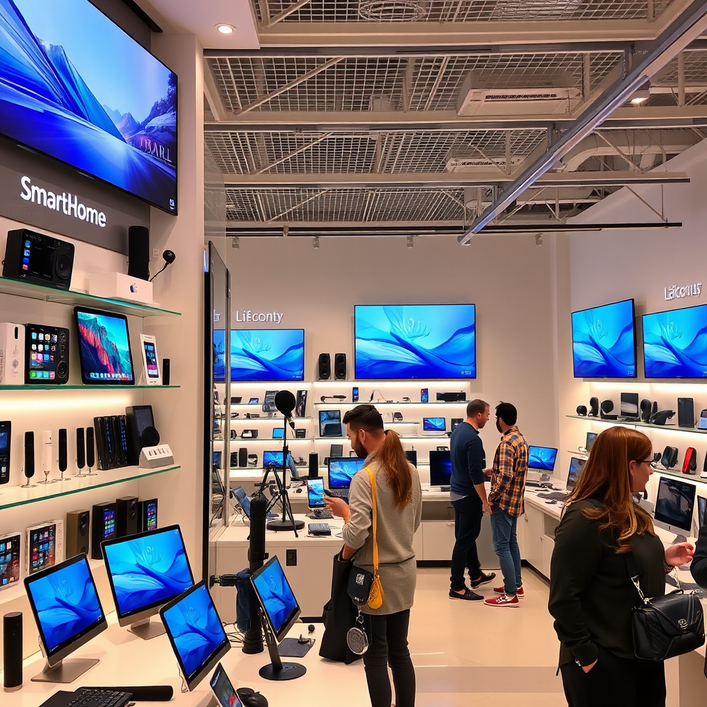 Modern electronics store in Dubai showcasing smart home devices, tablets, computers, and microphones with customers browsing the latest technology products