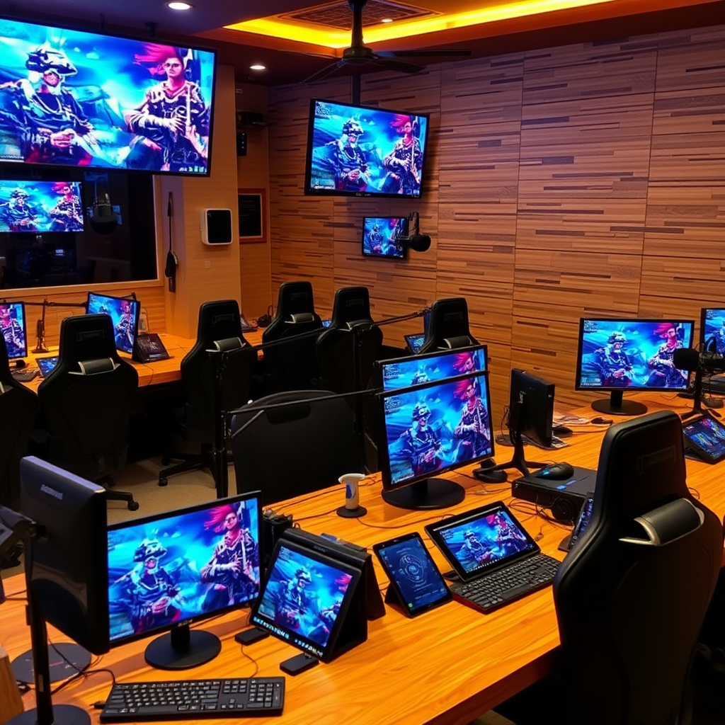 Bustling gaming cafe in Dubai with multiple gaming stations featuring high-end computers, tablets, and professional microphones for streaming