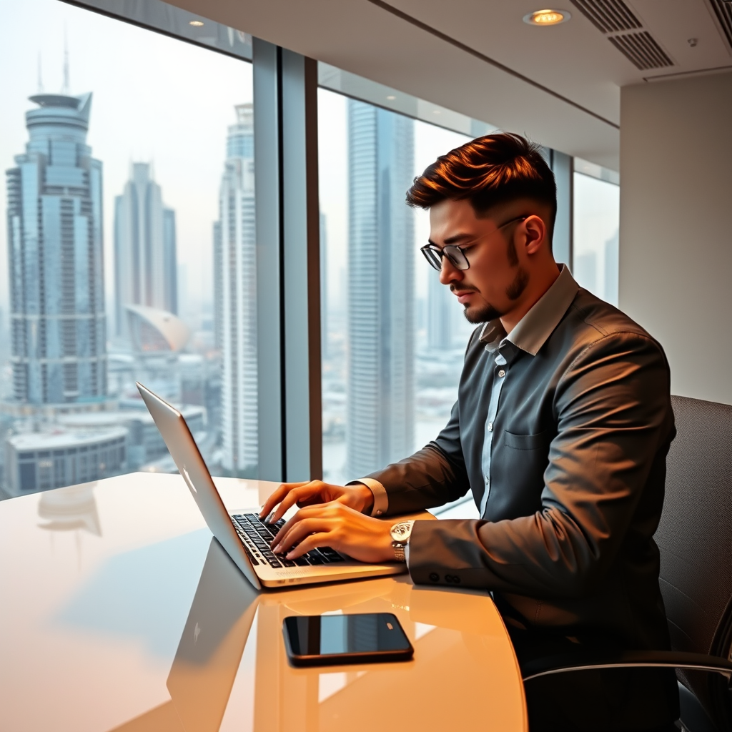 Business professional working on a high-performance laptop in a modern Dubai office space with city skyline visible through large windows