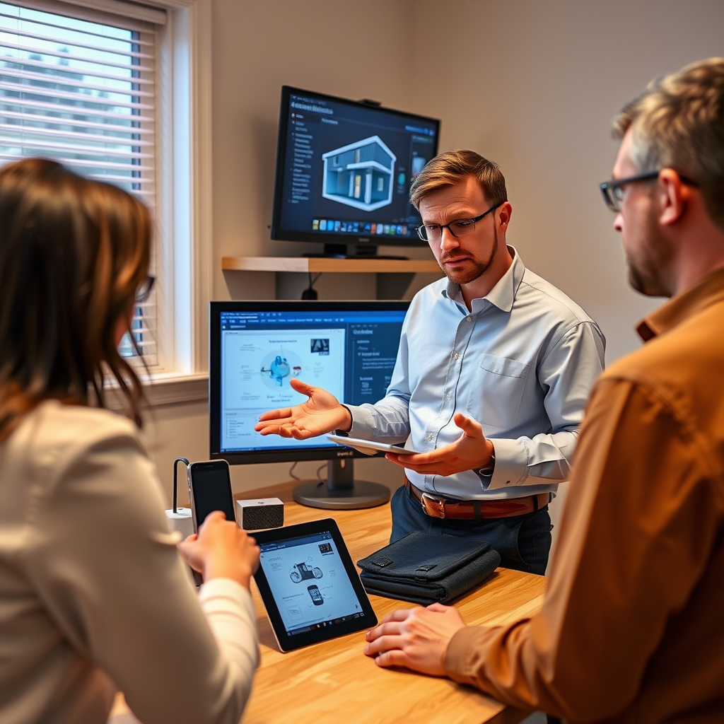 Technology consultant explaining smart home setup to clients, showing tablets and computers with network diagrams and modern devices on display