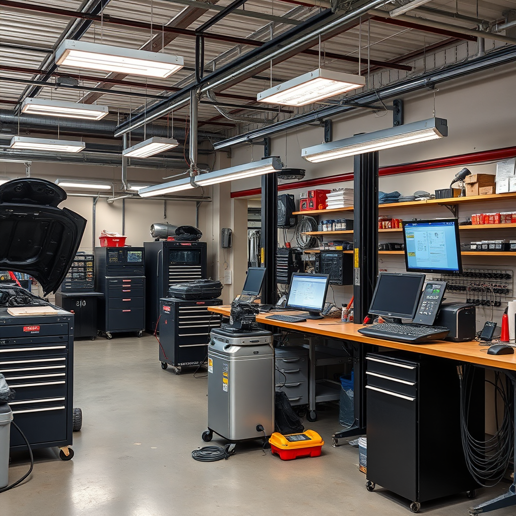 Modern repair workshop with advanced diagnostic equipment and organized workspace