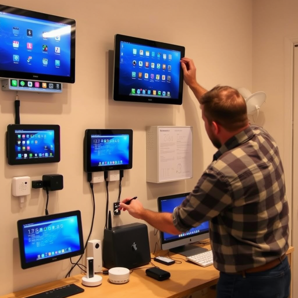 Technician installing smart home devices including tablets mounted on wall, computers connected to network, and various smart devices being configured