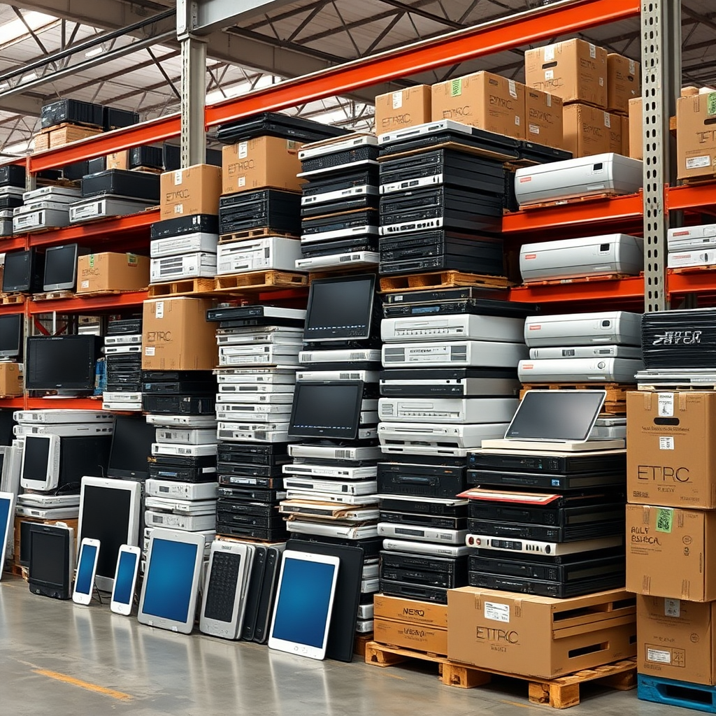 Warehouse setting showing stacks of computers, tablets, and technology devices ready for corporate bulk delivery