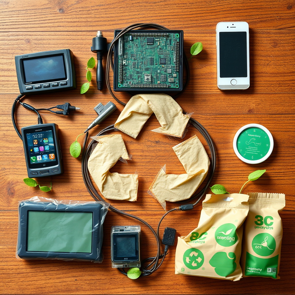 Environmental sustainability concept showing electronic devices being recycled and transformed into new technology with green energy symbols and eco-friendly packaging