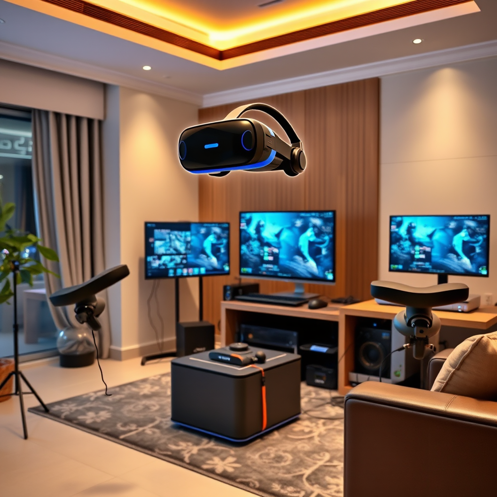 Virtual reality gaming setup with VR headset, motion controllers, and high-end computer system in a modern UAE home