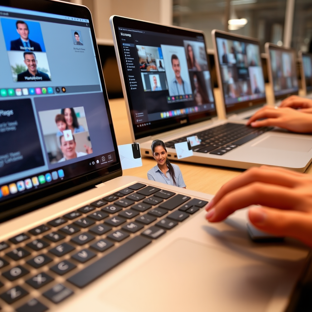 Close-up view of modern laptop keyboards and screens showing various productivity applications and video conferencing software in use