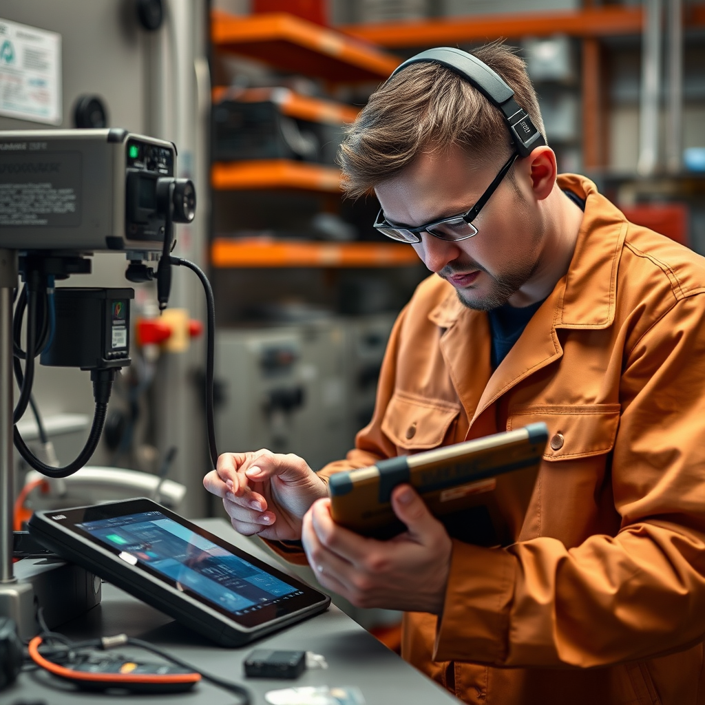 Technician performing quality testing on repaired tablet with diagnostic equipment