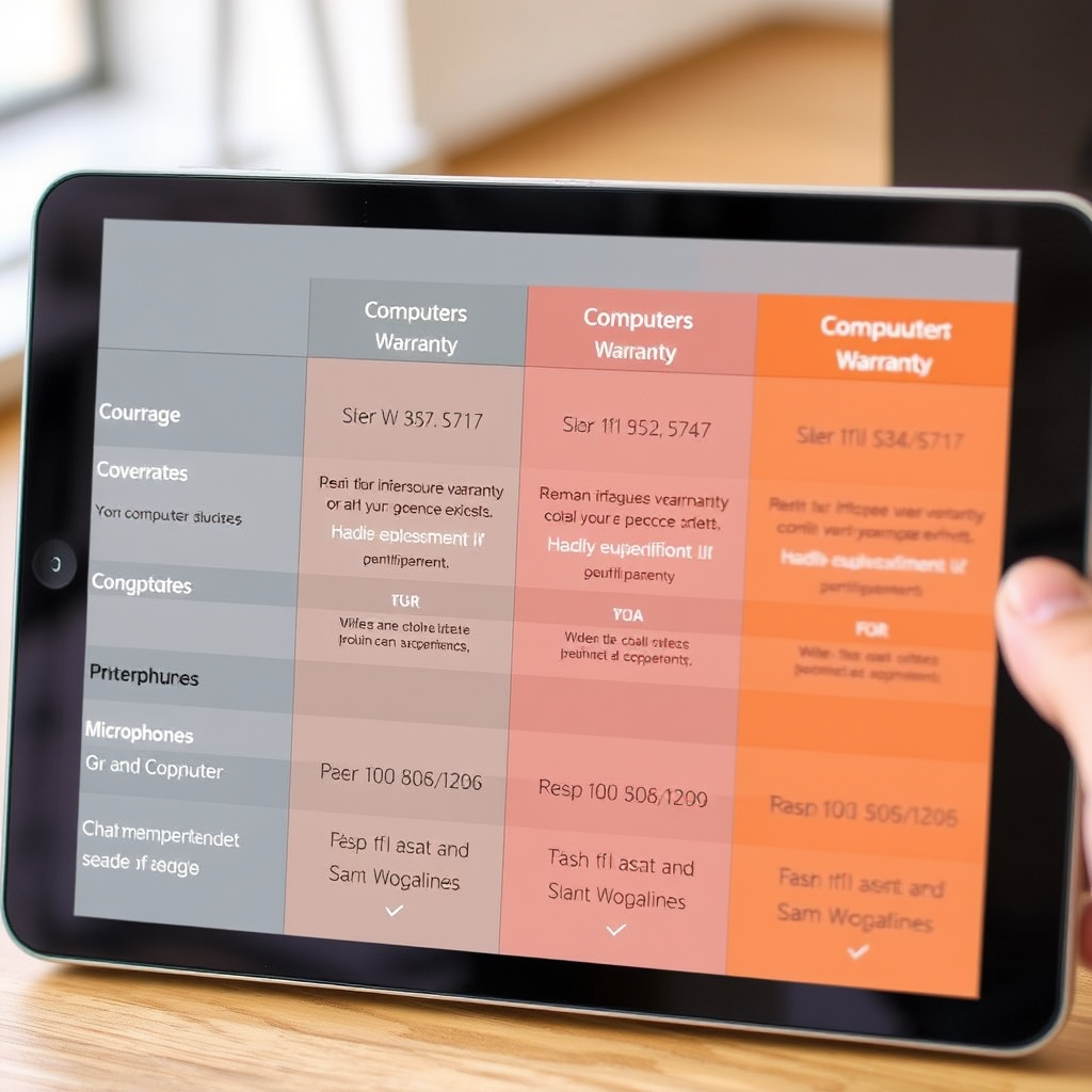 Comparison chart showing different warranty plan options with coverage details, pricing tiers, and benefits for computers, tablets, and microphones displayed on a modern tablet screen