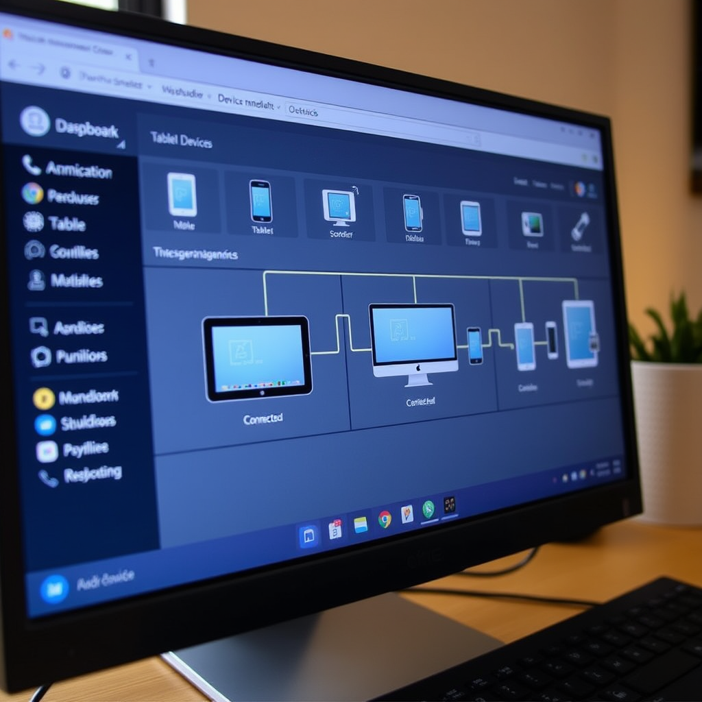 Computer screen displaying device management dashboard with multiple connected devices including tablets, computers, and mobile phones