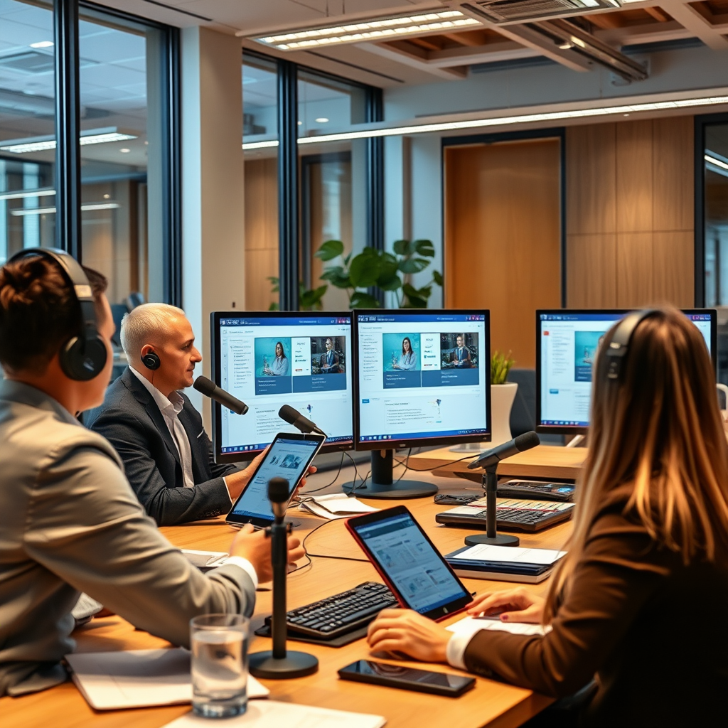 Modern office environment with business professionals using computers, tablets, and microphones for corporate presentations and technology training sessions
