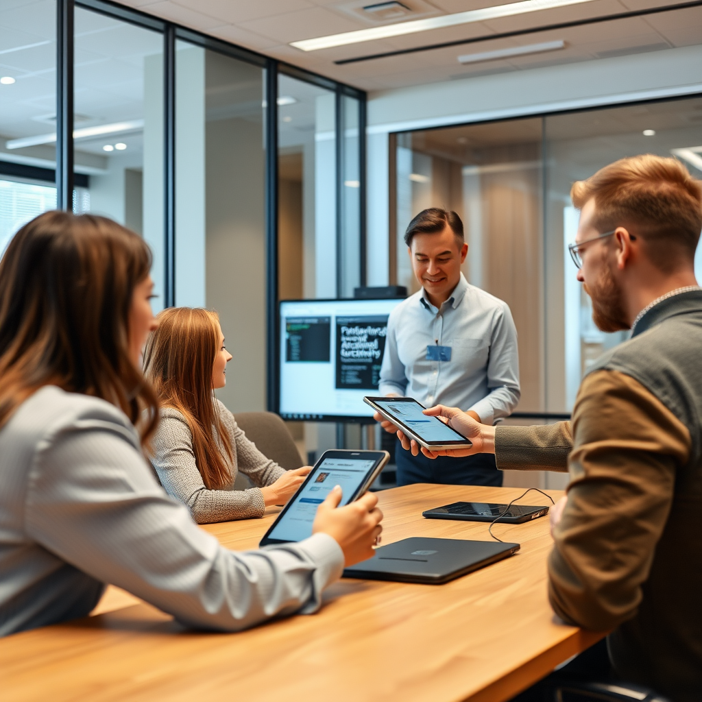 Professional training session showing instructor teaching employees how to use computers and tablets in a modern conference room