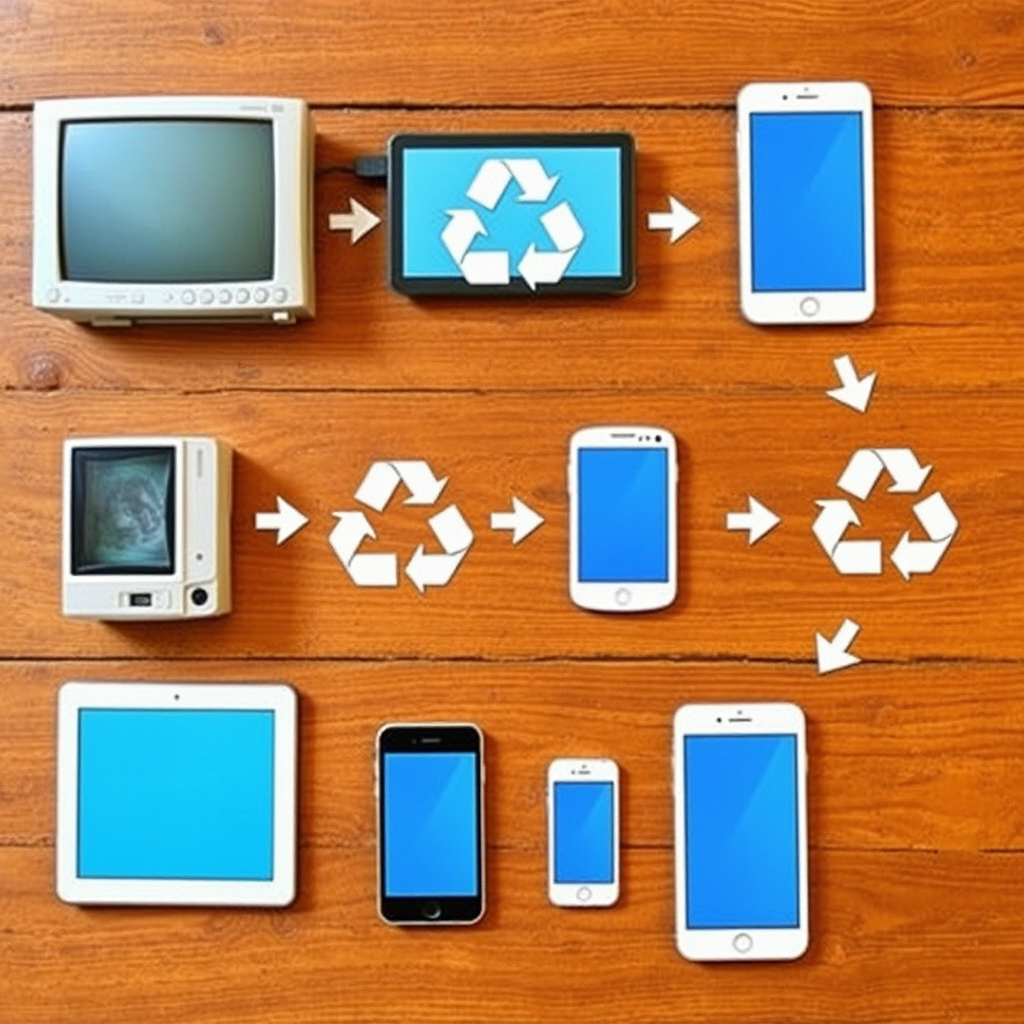 Exchange process showing old and new electronic devices including computers, tablets, and smartphones with recycling symbols and upgrade arrows