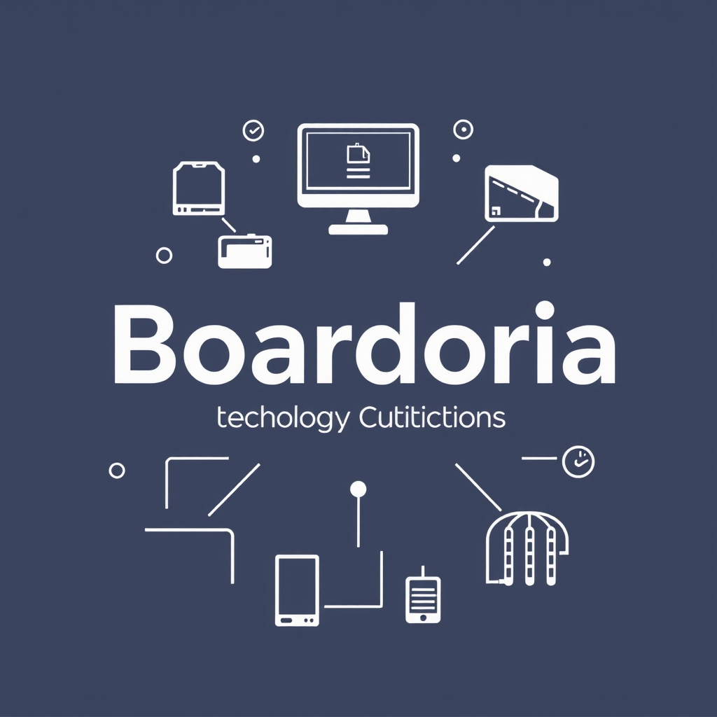 Boardoria corporate technology solutions logo with modern business technology icons including computers, tablets, and networking equipment