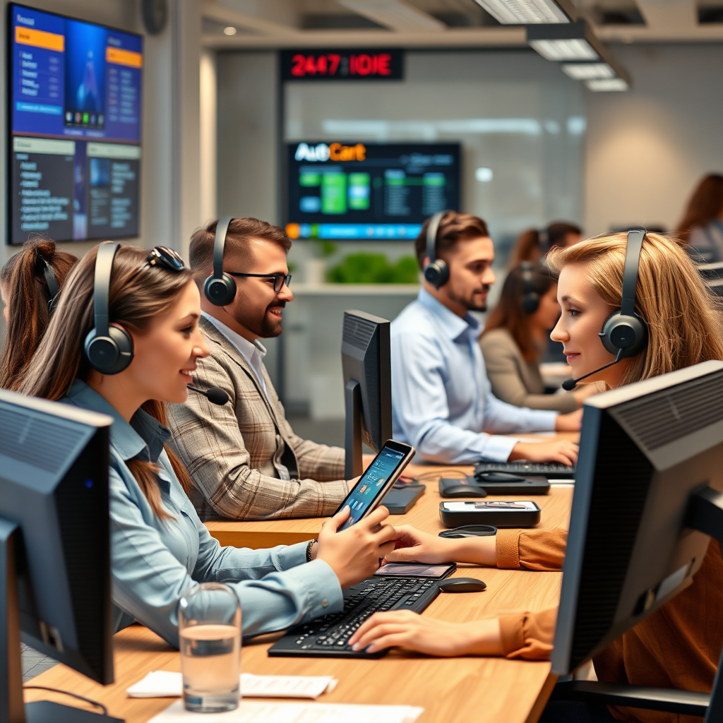 Customer support center with representatives helping clients with computers, tablets, and microphones, showing 24/7 availability and professional assistance